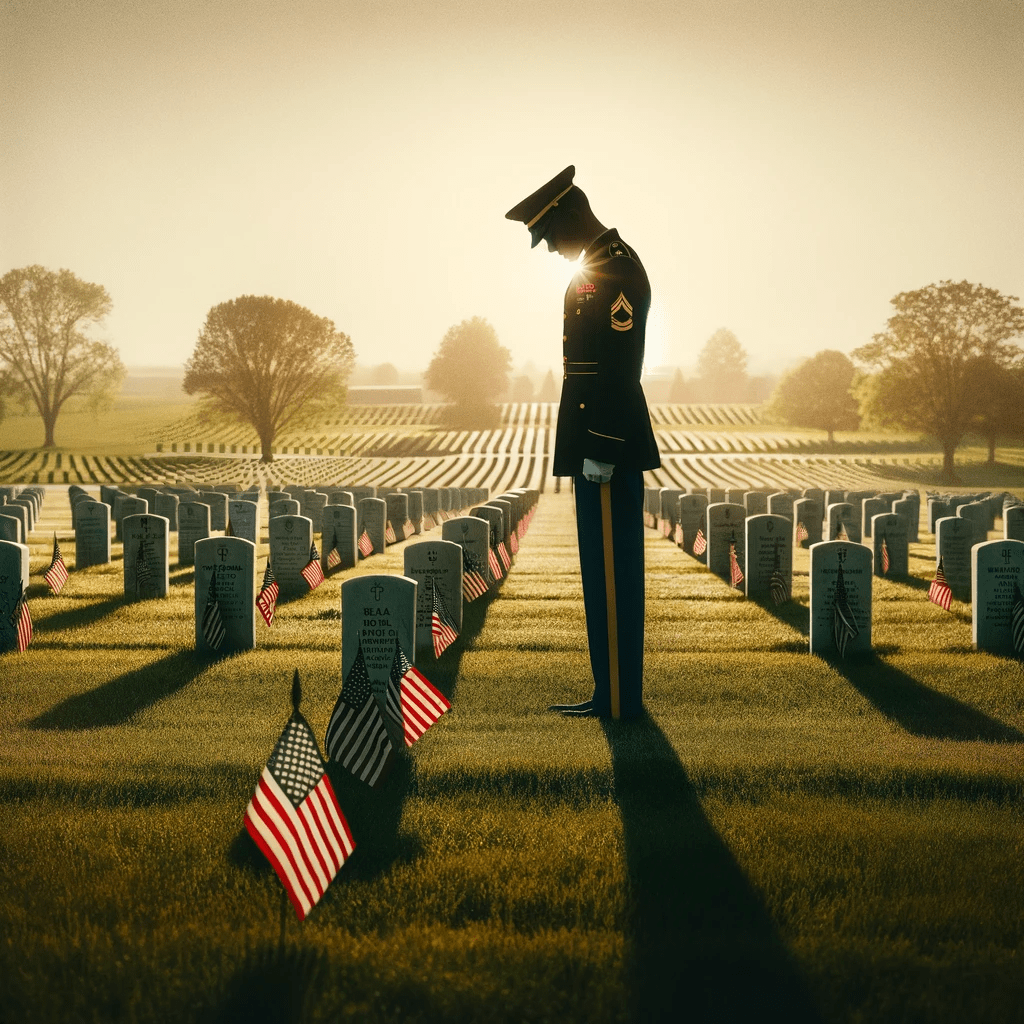 soldier standing in memorial cemetery with American flags